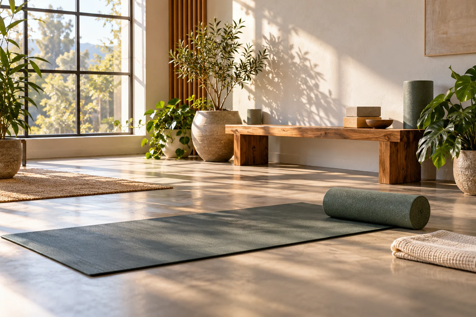 AI-created editorial illustration: A calm movement studio with an exercise mat, a small foam roller and a low wooden bench, plants near a bright window, premium health magazine photography, no people.